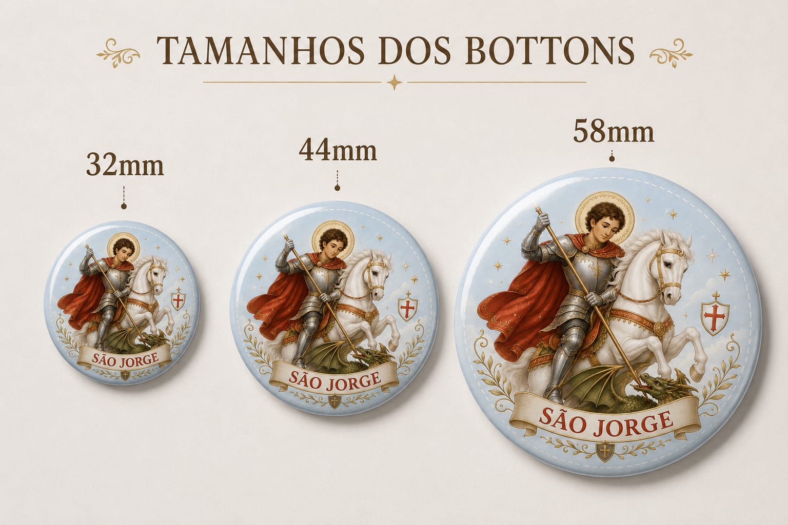 Bottons personalizados nos tamanhos 32 mm, 44 mm e 58 mm